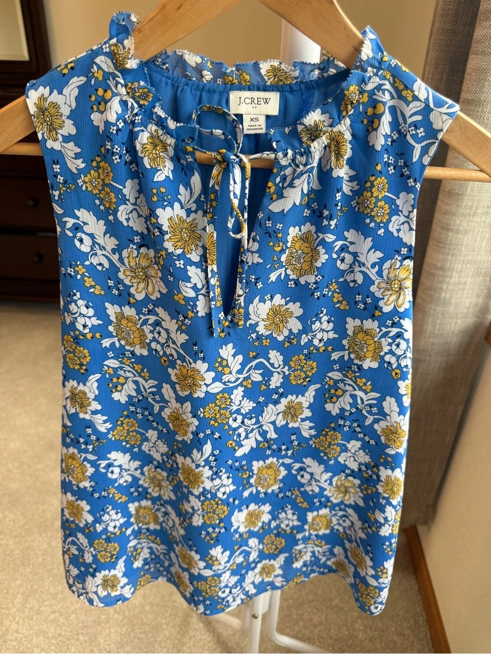 J. Crew Royal Blue Floral Tie-Neck Sleeveless Top Size XS